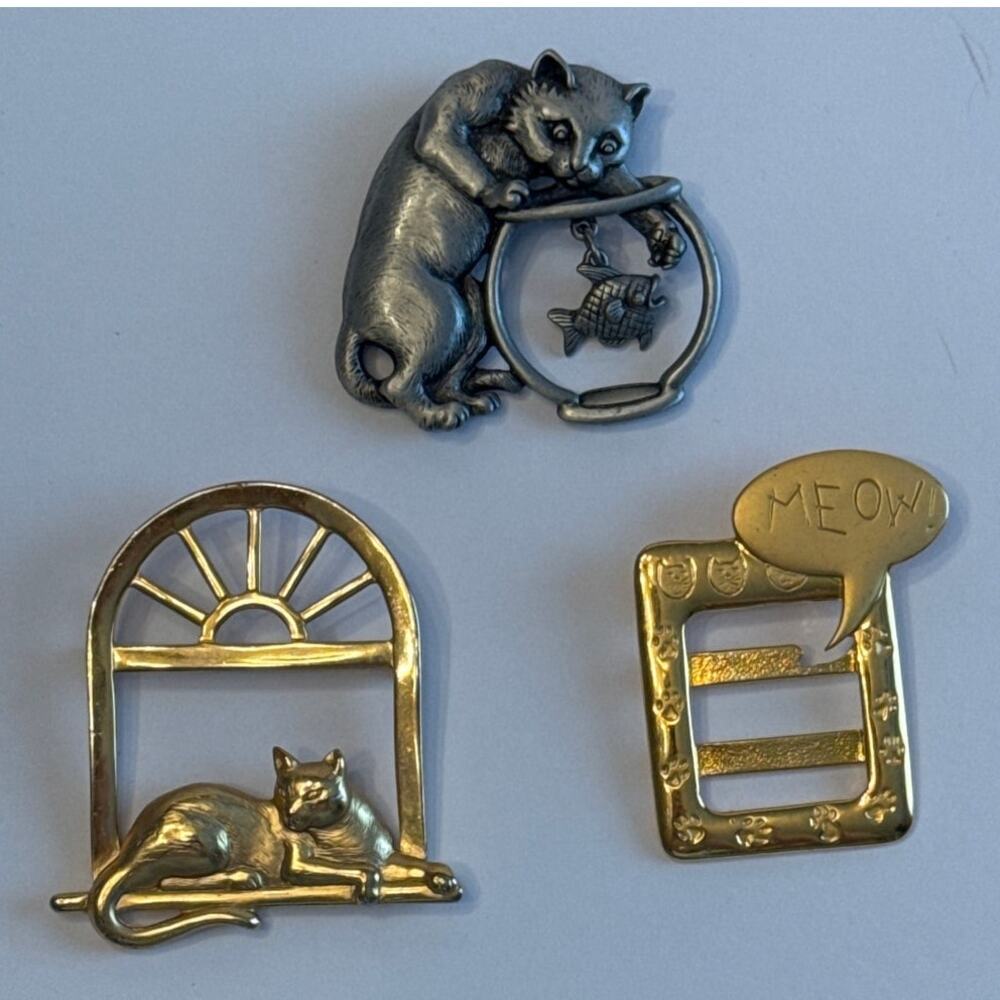 Lot of 3 Vintage JJ Jonette Marked Kitty Cat Lapel Pin Brooch Whimsical MCM